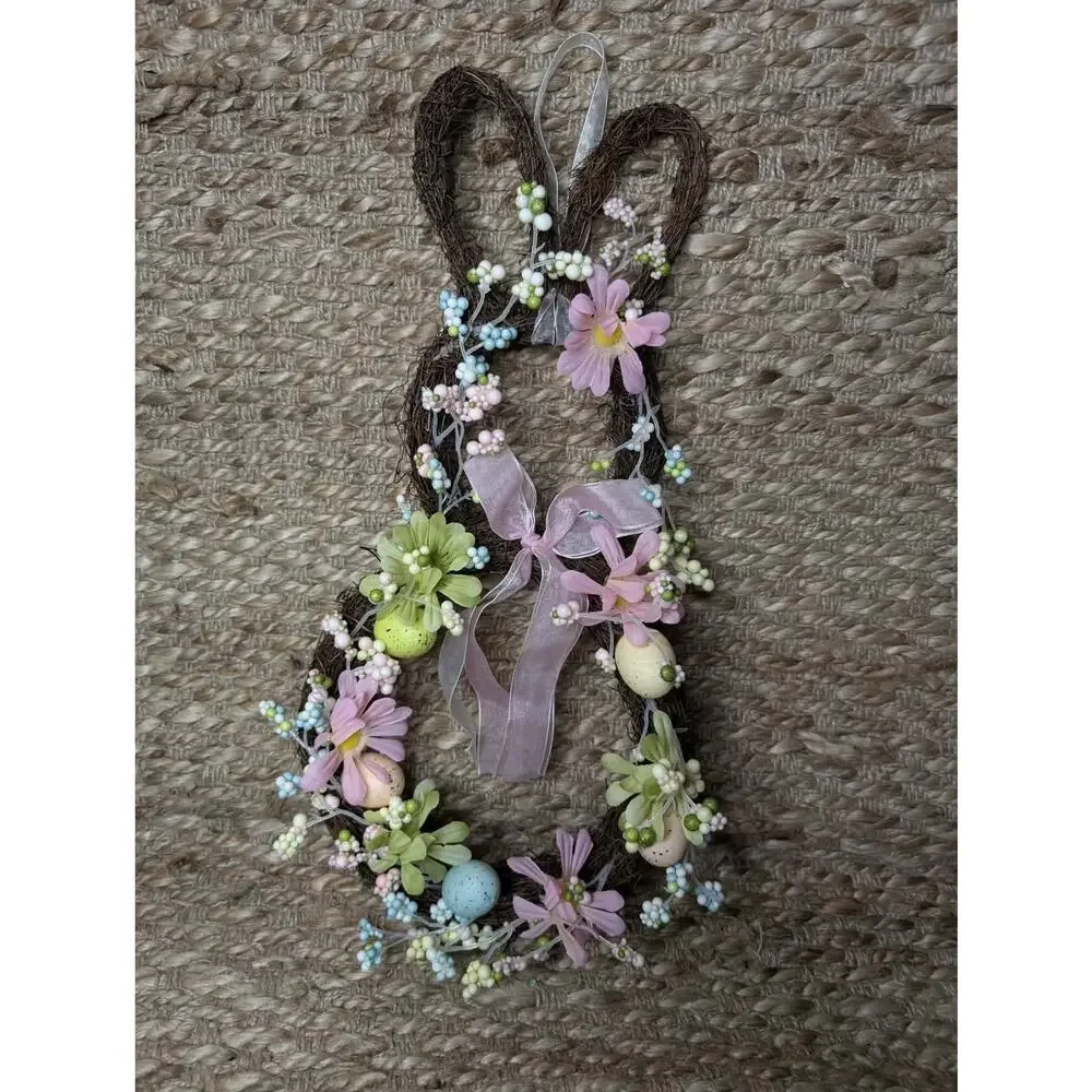 Easter Bunny Shaped Holiday Wreath with Eggs & Satin Ribbon Bow Door Decor 19
